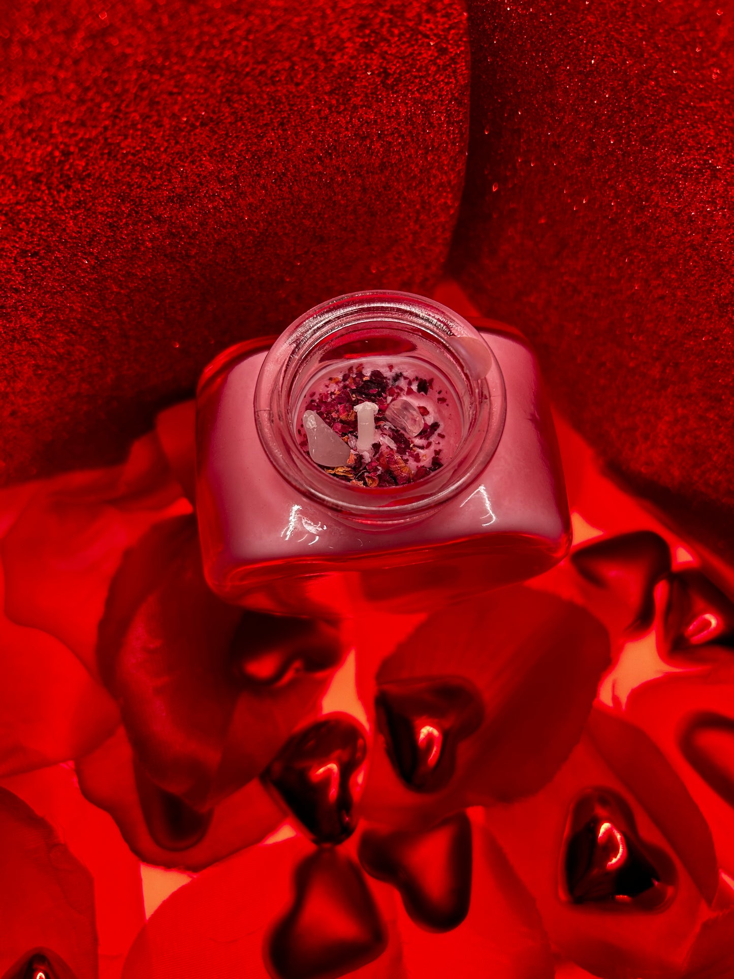 Mini Valentines Day Rose Vanilla Candles with Rose Petals & Rose Quartz