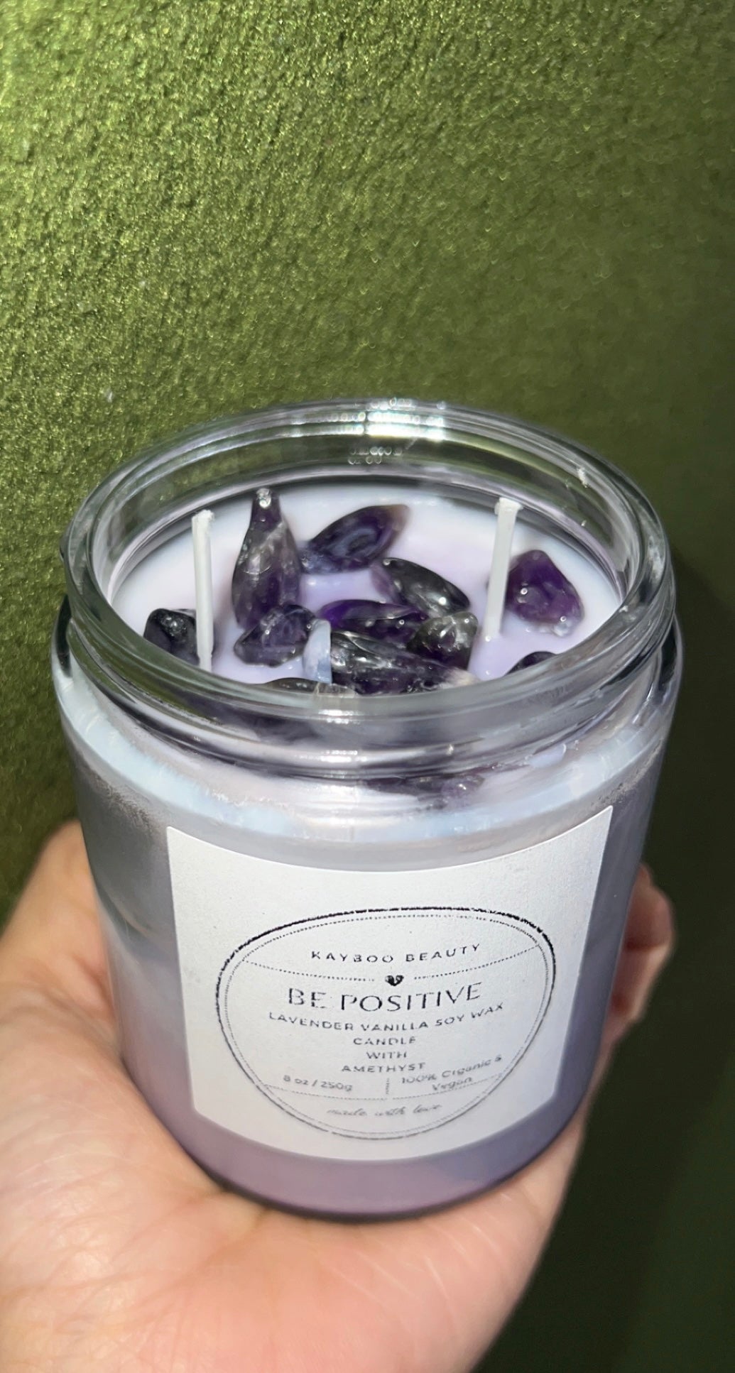 Kayboo Beauty Be Positive Lavender Vanilla Soy Wax Candle with Amethyst