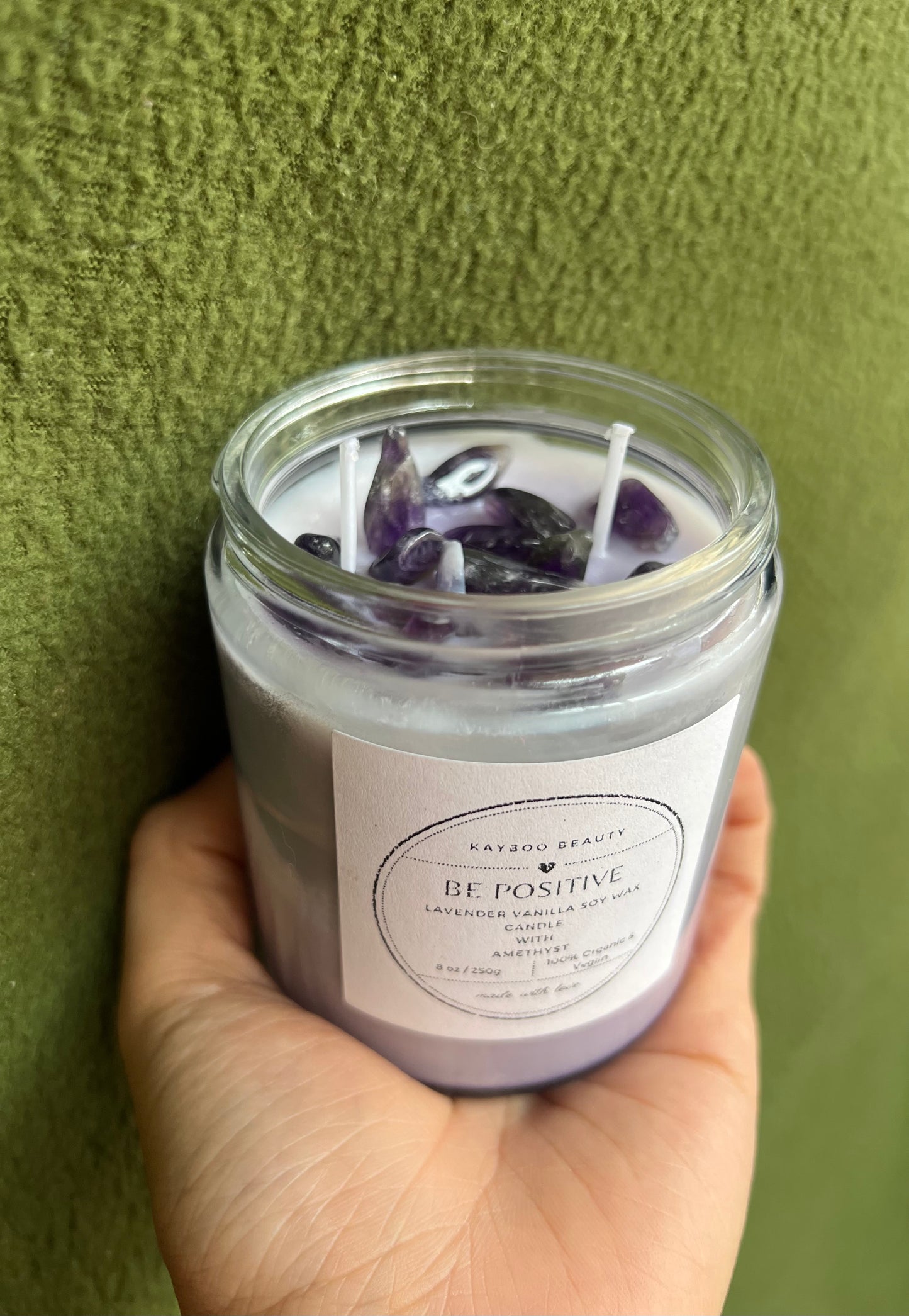 Kayboo Beauty Be Positive Lavender Vanilla Soy Wax Candle with Amethyst