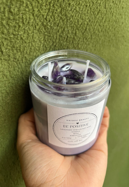 Kayboo Beauty Be Positive Lavender Vanilla Soy Wax Candle with Amethyst